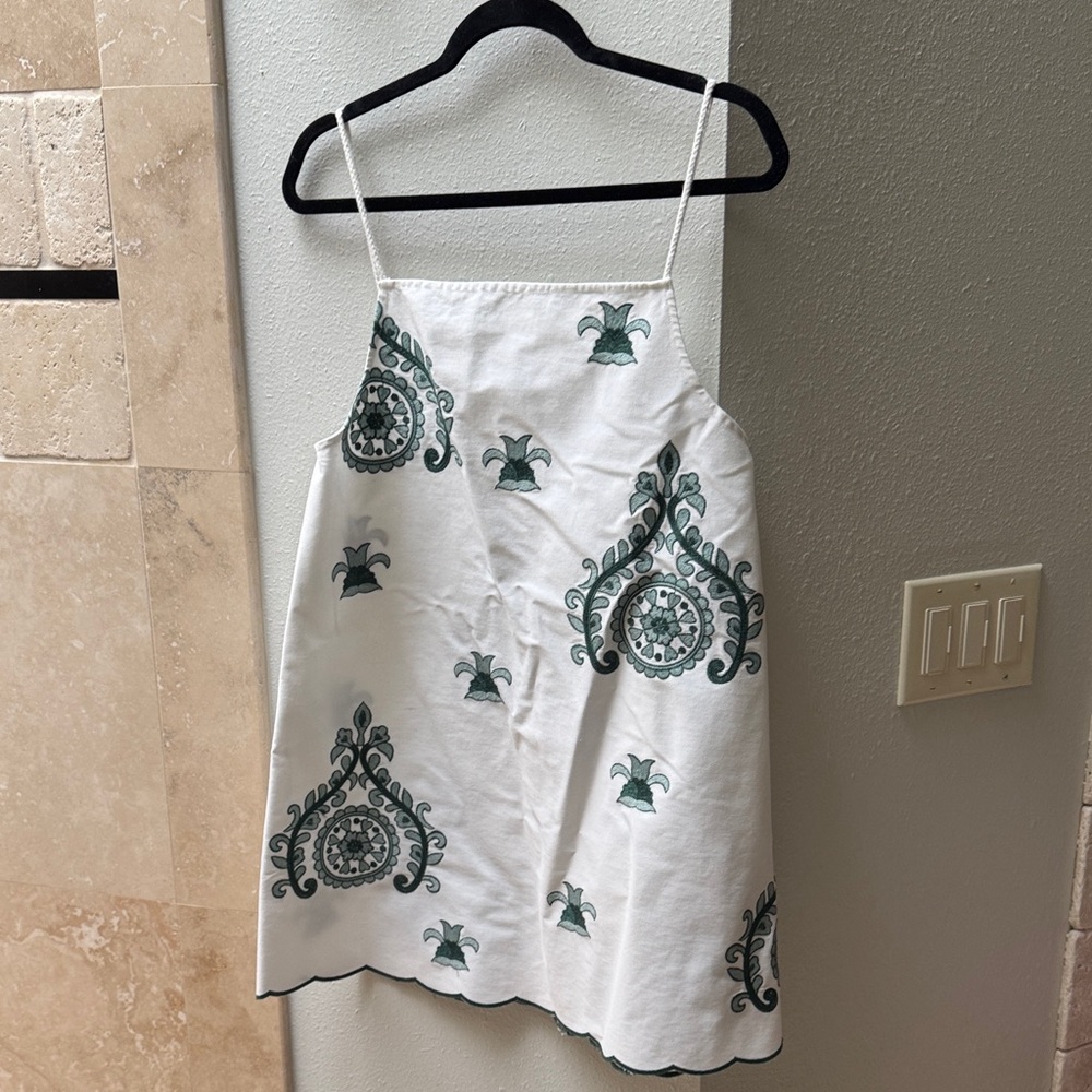 Zara White Dress with Forest Green Leaf Motif